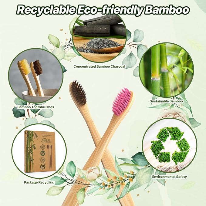10 Color Kids Bamboo Toothbrushes | BPA Free Soft Bristles Wooden Toothbrushes | Eco-Friendly Biodegradable & Compostable Charcoal Toothbrushes - Economy Family Pack