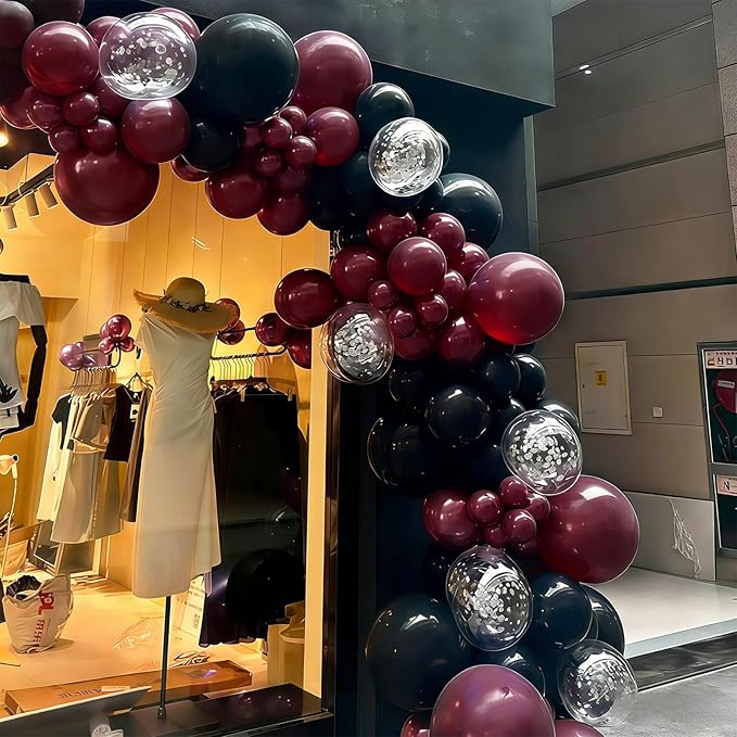 Graduation Party Decorations Maroon White 2026/Graduation Decorations Burgundy Black White Balloon Arch Kit/Burgundy Black Silver Confetti Balloons 134pcs/Maroon Birthday Wedding Party Decor