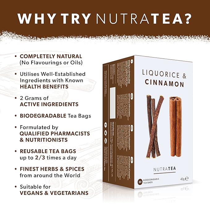 Nutra Tea - Liquorice & Cinnamon Tea | Licorice Tea | Cinnamon Tea - 20 Tea Bags - Herbal Tea - (1 Pack)
