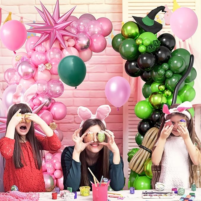FunHot Pink Green Balloon Arch Garland Kit with Pearl Light Pink Dark Metallic Green Black Balloons Explosion Star Foil Balloon 260 Long Balloons for Baby Shower Witch Theme Birthday Party Decoration