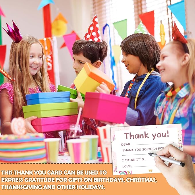 Kids Thank You Cards Fill in the Blank, Boho Rainbow Thank You Notes For Boys Girls, Pink Rainbow Greeting Card, Birthday Party Decorations Favors (20 Cards With 20 Envelopes) -28
