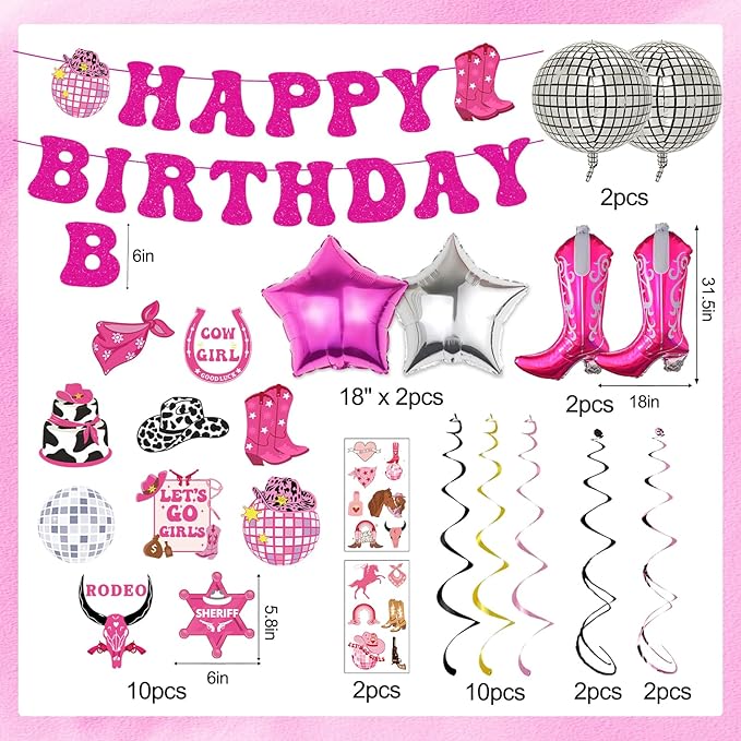 34pcs Disco Cowgirl Birthday Party Decorations, Western Cowgirl Party Decorations Hot Pink Happy Birthday Banner Disco Cowgirl Balloon Last Rodeo Bachelorette Party Decor Supplies for Women Girls