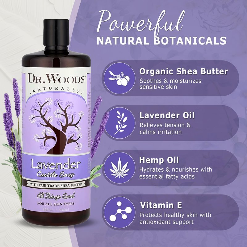 Dr. Woods Lavender Liquid Castile Soap - Castile Soap with Pure Lavender Oil, Body Wash for Men and Women, Organic Shea Butter, Natural Cleaner for Face, Hands, and Body - 32 Fl Oz, Pack of 2