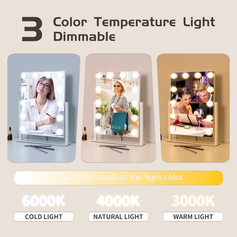 Kotdning Vanity Mirror with Lights,Lighted Vanity Mirror with 12 Dimmable Bulbs for Dressing Room & Bedroom,3 Color Lighting,Modes Detachable 10x Magnification 360°Ratation (White) 14.6" L x 17" W