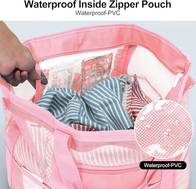 Mesh Beach Bags for Family - Women Beach Tote Bag for Toys, Towels, Travel Vacation Cruise Essentials