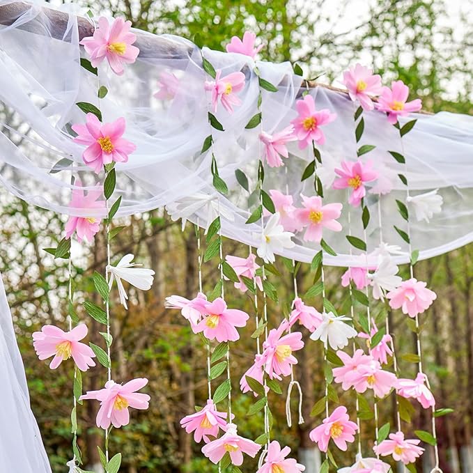 2PCS Paper Flower Garland, Paper Leaves Banner Vine Flowers with Green Leaves Crepe Flower Garland Decorations for Wall Anniversary Wedding Birthday Arch Decor-Pink