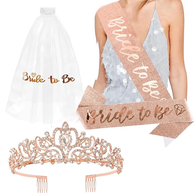 CIEHER Rose Gold Crown + Bride To Be Sash + Wedding Veil Set for Bachelorette Party Favors Bridal Shower Decorations Bachelorette Sash Bridal Sash Bachelorette Gift for Bride