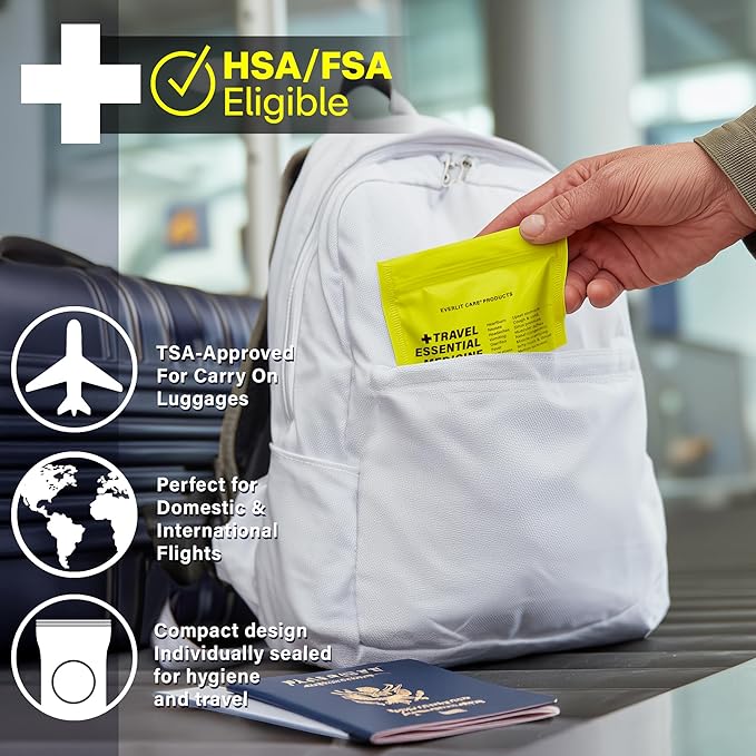 EVERLIT CARE Travel Essential Medicine First Aid Kit I Bonus Medical Supplies I TSA Compliant Mini Size Medkit for Traveling Camping Trips Individually Packed 64 Tablets (Refill Pack)