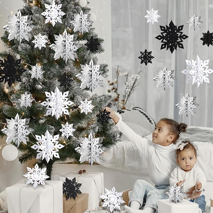 OuMuaMua Christmas Snowflake Decorations Indoor, 24PCS 3D Paper Snowflakes Hanging Ornaments Snowflake Garlands for Xmas Christmas Tree Winter Wonderland New Year Party Home Decorations