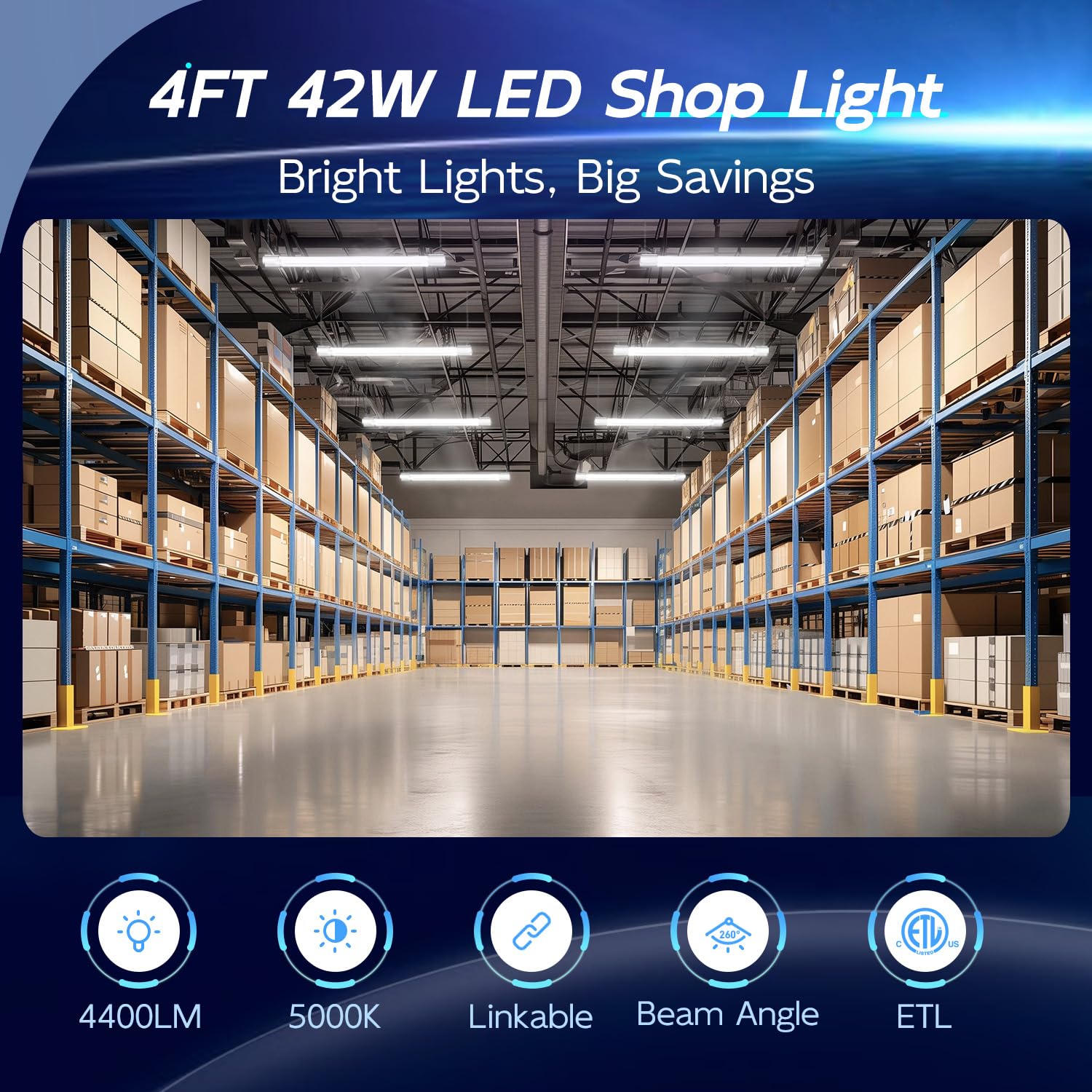 hykolity 4 Pack Linkable LED Shop Light, 4FT 42W [250W Equivalent], 4400lm, 5000K Daylight, with Plug, Utility Light Fixture, Hanging or Surface Mount, White