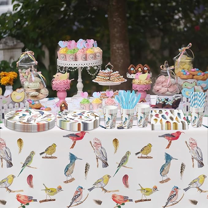 Xigejob Bird Party Decorations Tableware for Bridal Baby Shower Birthday Wedding Summer Tea, Colorful Bird Birthday Party Supplies, Paper Plate, Cup, Napkin, Tablecloth, Cutlery, Serves 24