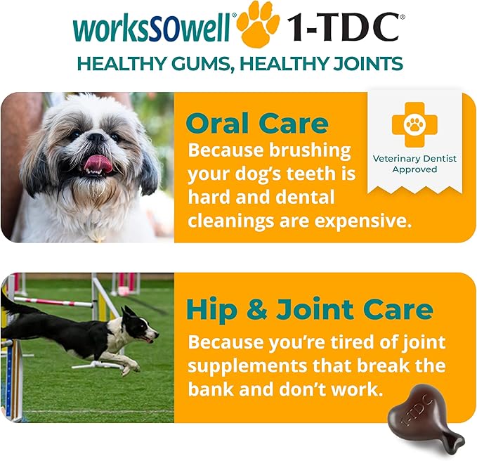 1TDC WorksSoWell Dual Action Joint Supplement for Dogs & Cats - Hip and Joint Supplement for Large Breed & Small Breed - Also Great for Oral Health - Muscle & Stamina Recovery & Arthritis - 60ct