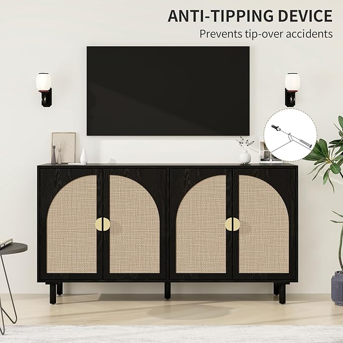 Black Sideboard Cabinet with 4 Rattan Doors, Rattan Buffet Cabinet with Adjustable Shelves & Pine Legs, Boho Sideboard Buffet for Living Room, Kitchen, Entryway, Black