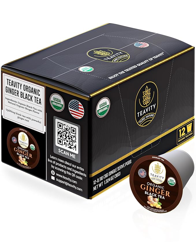 Organic Ginger Tea Pods for Keurig with Unsweet Black Tea for K Cup Brewing - Ginger Black Tea by Teavity (12 Tea Pods)