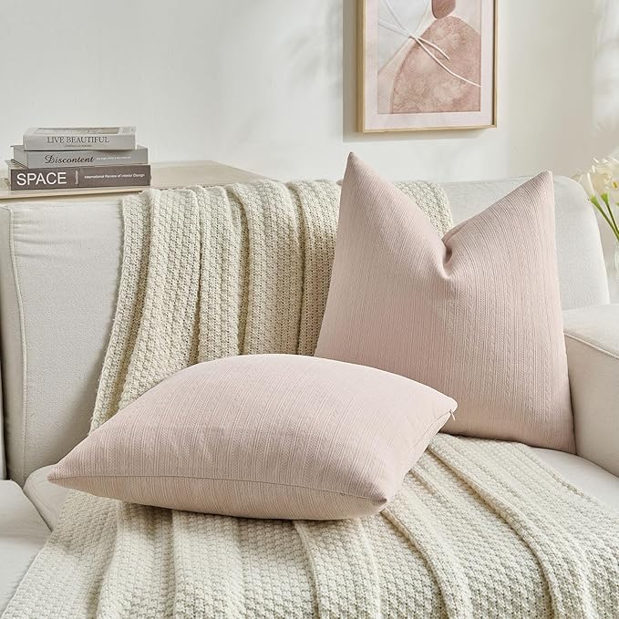 FUTEI Pink Decorative Throw Pillow Covers 26x26 Inch Set of 2,Soft Cozy Wheat Ear Striped Patterns Euro Pillow Shams,Modern Home Decor for Couch Bed Living Room