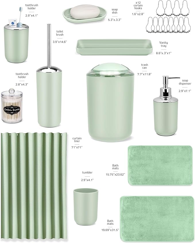 IMAVO Green Bathroom Accessories,Non Slip Super Absorbent Rugs and Waterproof Shower Curtain with Hooks,Complete Bathroom Set for Bathroom Décor