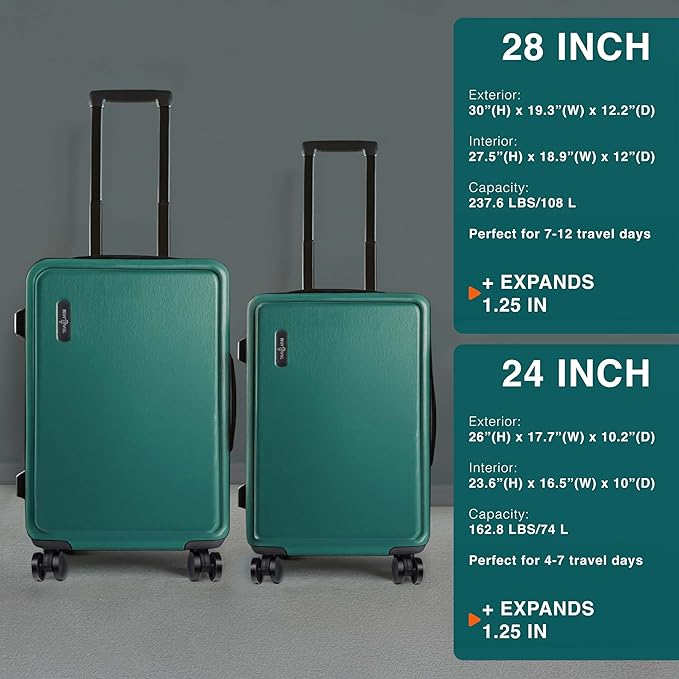 TRAVELARIM Luggage Sets 2 Piece, 24 Inch Suitcase and 28 Inch Luggage with Spinner Wheels, Durable Hard Shell Suitcase Set, Expandable Travel Suitcases with Wheels, Green