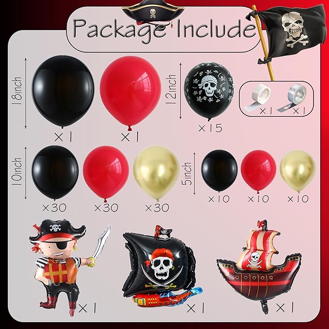 Pirate Birthday Party Decorations, 142Pcs Red Black Metallic Gold Balloon Garland Arch Kit with Pirate Ship Foil Mylar Balloon for Halloween Pirate Summer Sea Sailing Adventure Ocean Theme Party