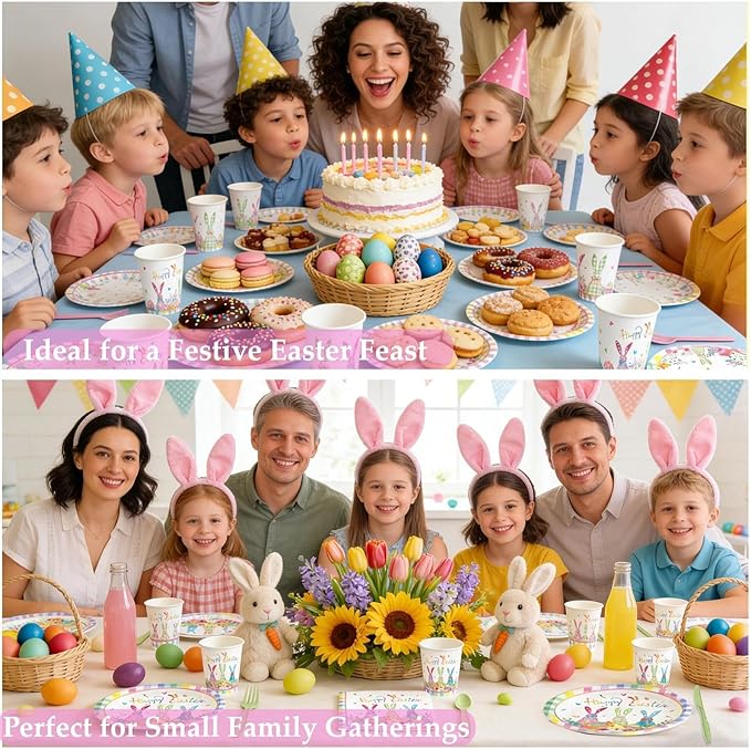 112PCS Happy Easter Plates and Napkins Forks Sets - Disposable Spring Flowers Paper Plates Set Colorful Eggs Themed Round Tableware for Easter Party Supplies Favors Table Decor(Serves 16)