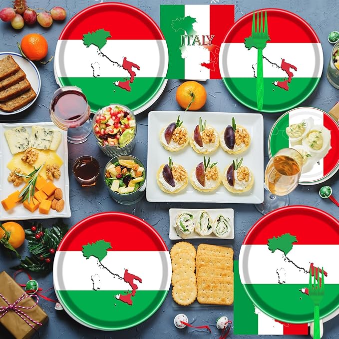 Rakuto Italian Party Tableware Set Supplies, Italian Flag Paper Plates and Napkins and Forks, Italian Party Decorations Red White and Green Italy Family Party Decor Serves 24