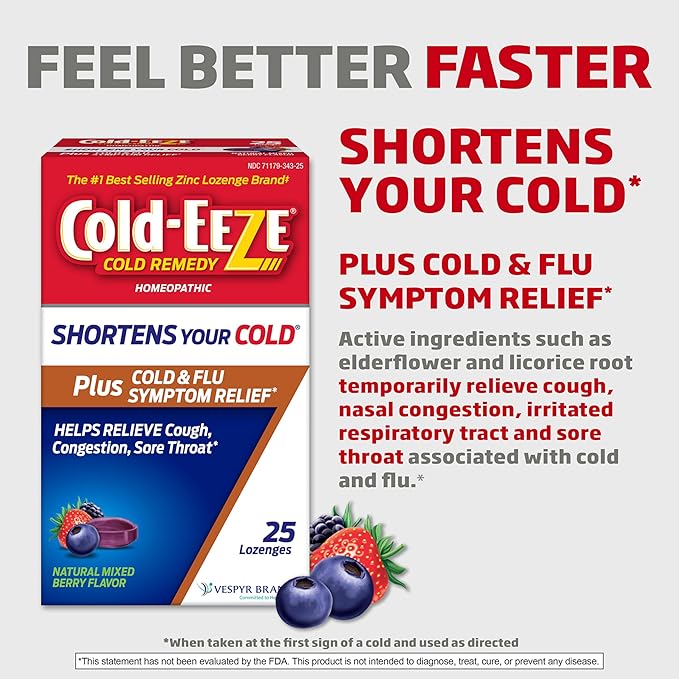 Cold-Eeze Plus Natural Mixed Berry Cold & Flu Zinc Lozenges, 25 Ct (Pack of 2)