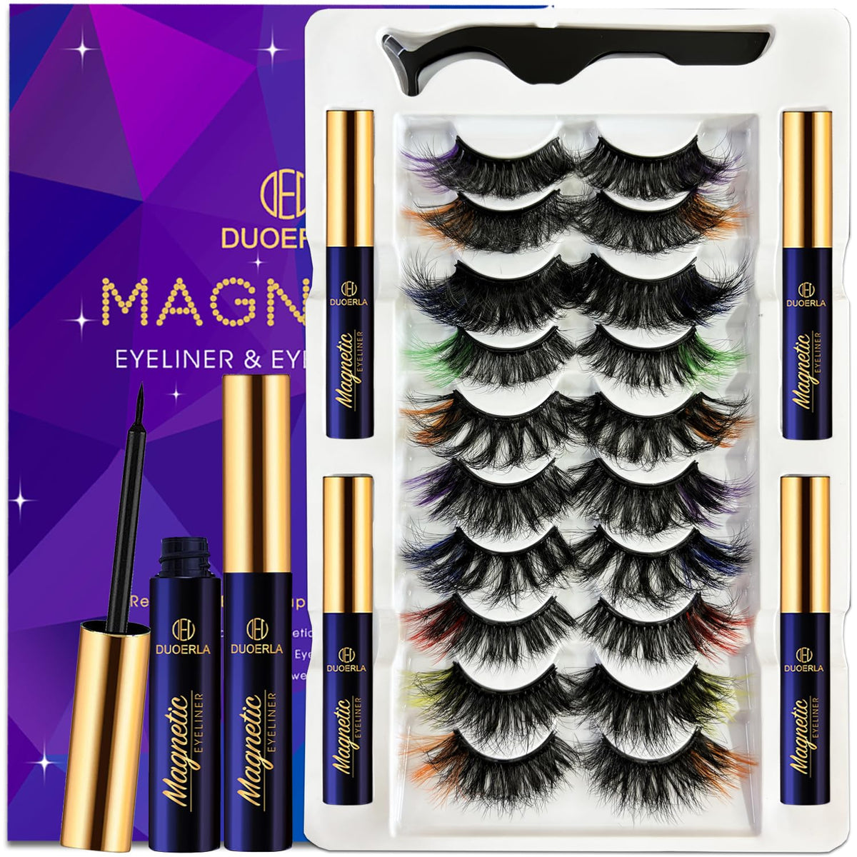 DUOERLA Magnetic Eyelashes 8D Luxury Volume Fluffy Colored Eyelashes Magnetic Lashes with Eyeliner Kit, Cat-Eye 18-23MM Long Cruelty-Free&Vegan 10 Pairs