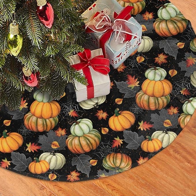 Fall Tree Skirt 48 inch, Thanksgiving Halloween Christmas Tree Skirts Ornaments Decorations, Pumpkin Maple Leaf Spider Web Design for Xmas Party Indoor Outdoor Decor