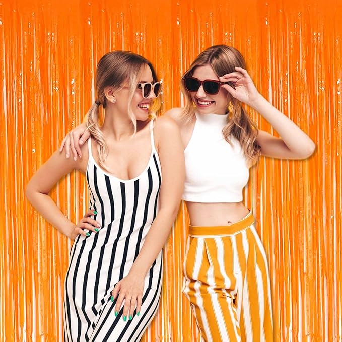 6 Pack Macaron Orange Foil Fringe Curtains Backdrop, 3.28 x 8.2 Ft Metallic Streamers Tinsel Curtains Background for Photo Booth, Birthday, Christmas, Halloween, New Year Party Decorations