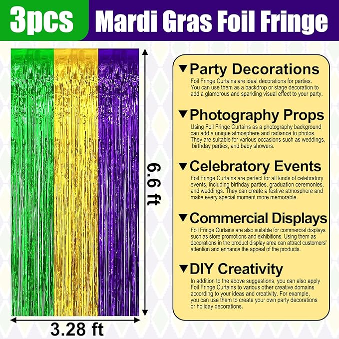 3 Pack Gold Green Purple Foil Fringe Curtain Backdrop, 3.28Ft x 6.6Ft Metallic Tinsel Foil Fringe Streamer Curtains for Photo Booth, Christmas Day, Thanksgiving, Wedding, New Year Party Decorations