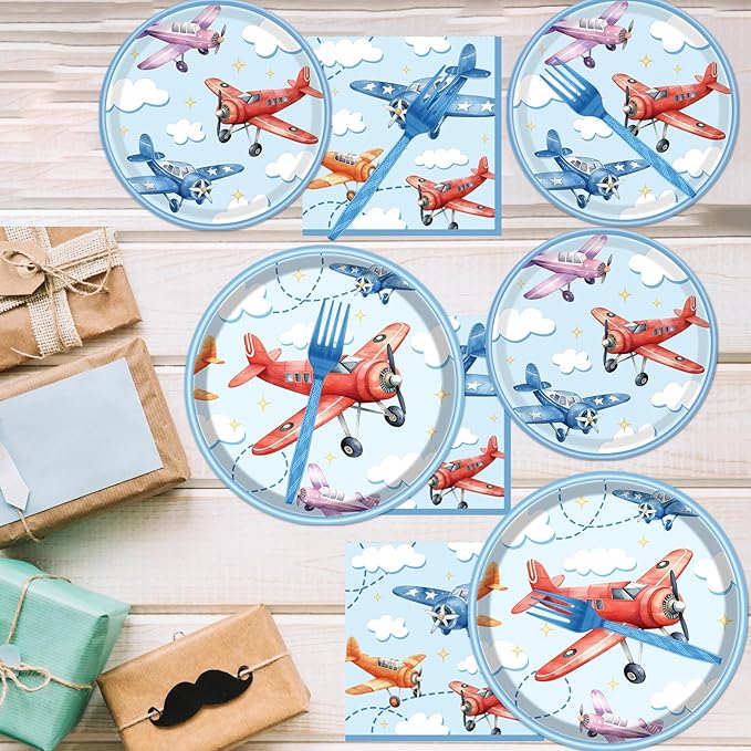 Rakuto Airplane Birthday Tableware Party Decorations, 96PCS Airplane Party Plates Napkins and Forks Supplies, Disposable Cartoon Airplane Baby Shower Decor Serves 24