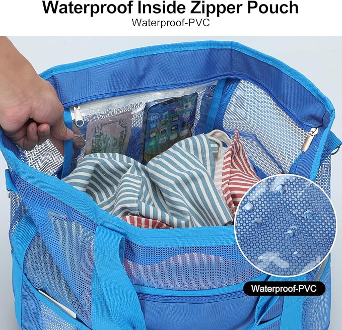 Mesh Beach Bags for Family - Women Beach Tote Bag for Toys, Towels, Travel Vacation Cruise Essentials