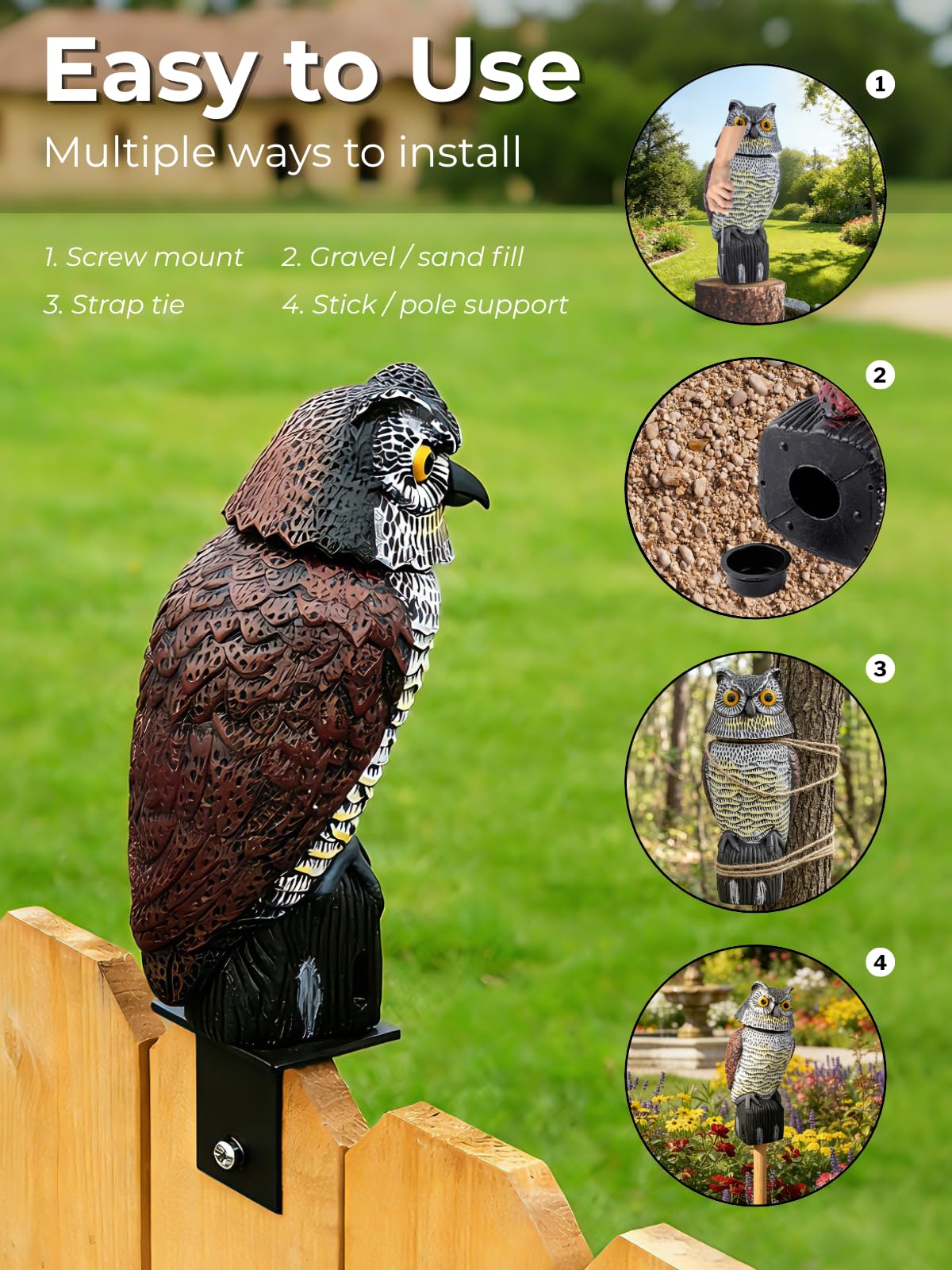 Garden Fake Owl Sculpture with 360° Rotating Head, Waterproof Garden Owl