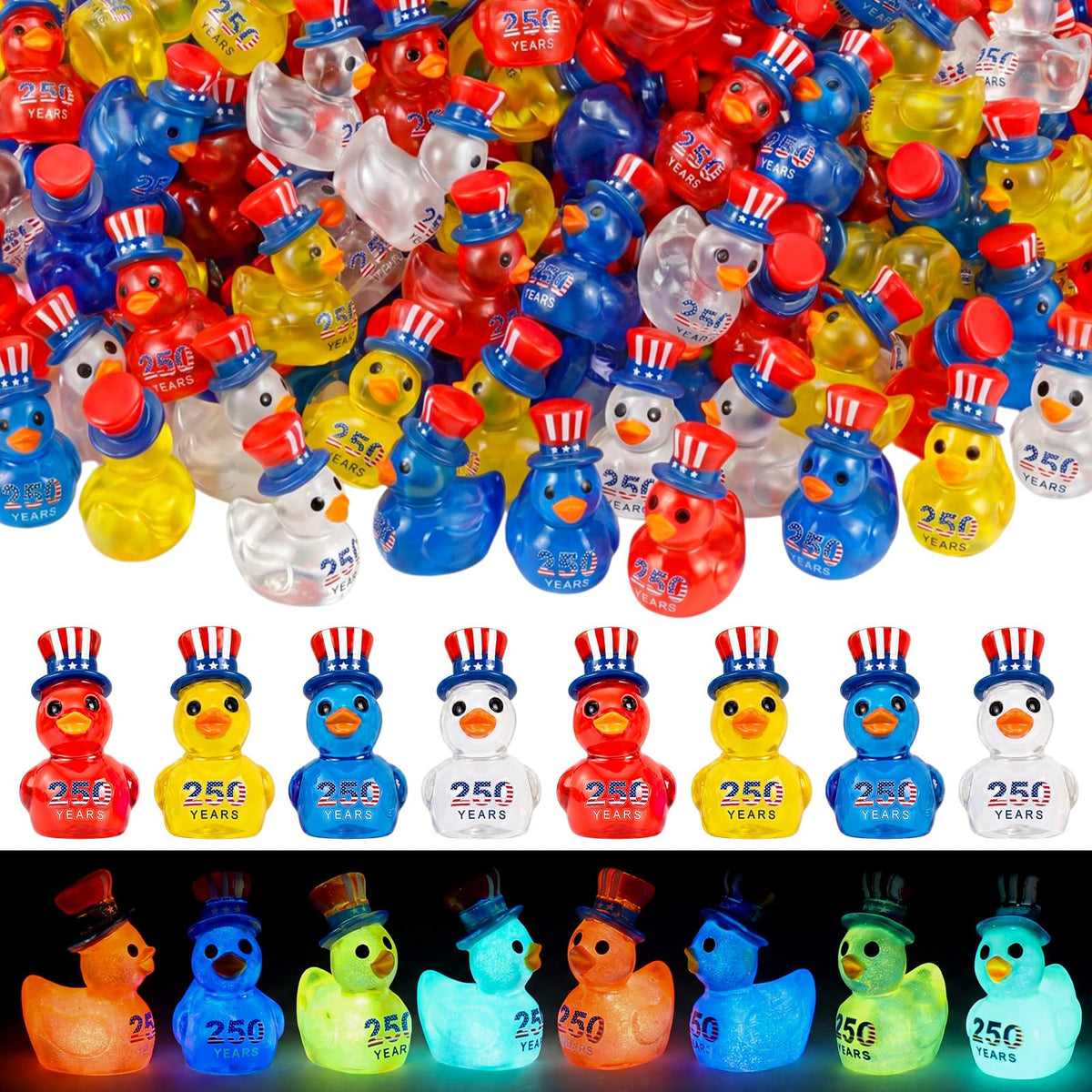 Skylety 96 Pcs 250th Anniversary Patriotic Resin Ducks USA 4th of July Independence Day Party Decor Luminous Duck Figure Garden Potted Miniature Cake Decor Craft Charms Collector Veteran Souvenir