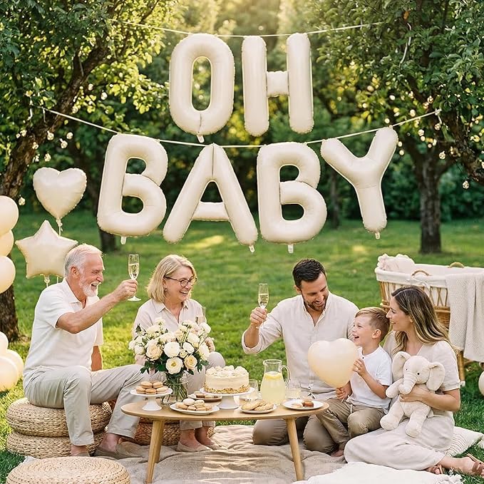Biapian 40 Inch OH BABY Letter Balloons, Big Beige Foil Balloons, 6 Pcs Giant Alphabet Large Balloon Neutral Balloon Banner Sign for Baby Shower Birthday Gender Reveal Party Decoration