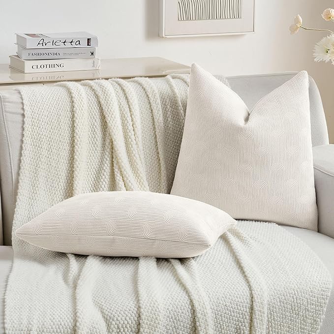 FUTEI Cream Chenille Decorative Throw Pillow Covers 26x26 Inch Set of 2,Soft Cozy Striped Geometric Patterns Euro Pillow Shams,Modern Home Decor for Couch Bed Living Room