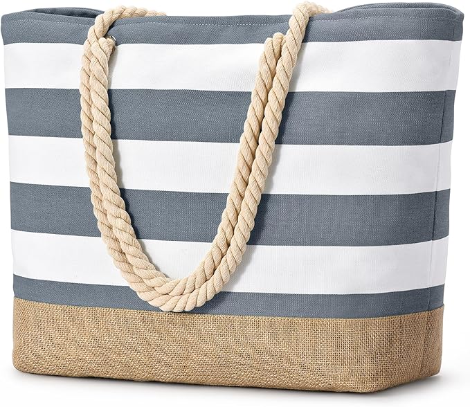Becokan Beach Bags for Women Large Canvas Beach Tote Bag Beach Bags Waterproof Sandproof Swim Pool Bag Travel Essentials
