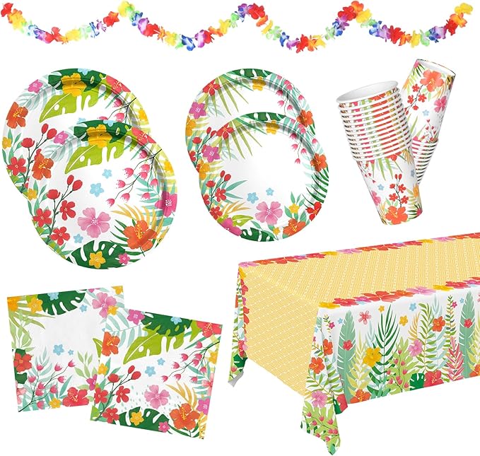 Tropical Luau Party Supplies Kit for 25 - Aloha Hawaiian Party Decorations with Disposable Paper Plates, Napkins, Cups, Tablecloth, and Banner | BBQs & Summer party