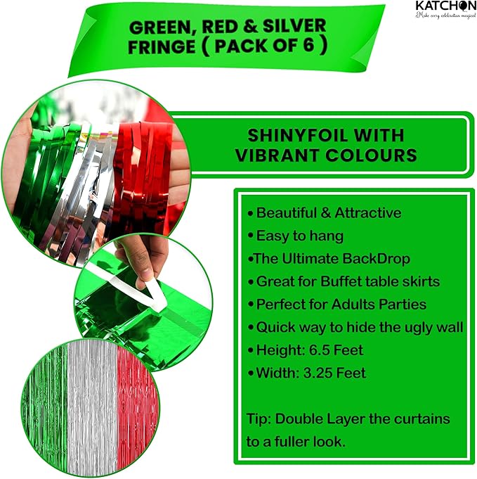 KatchOn, XtraLarge Christmas Foil Fringe Curtains - Pack of 6 | Red and Green Backdrop for Christmas Decorations Indoor, Xmas Decorations | Fringe Backdrop for Holiday Party Decor