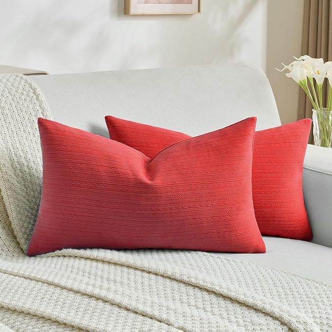 FUTEI Christmas Red Decorative Throw Pillow Covers 12x20 Inch Set of 2,Soft Cozy Wheat Ear Striped Patterns Lumbar Pillow Cases,Modern Home Decor for Couch Bed Living Room