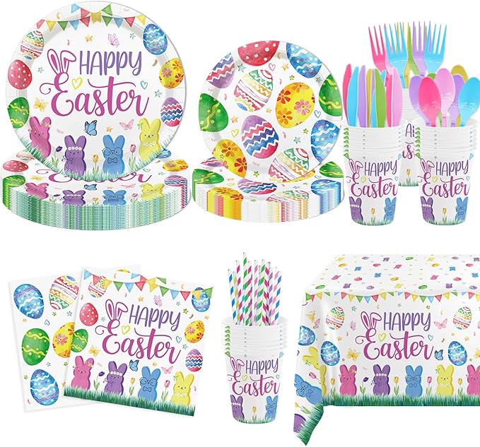 MEHOFOND 194pcs Easter Plates and Napkins, Happy Easter Paper Plates and Napkins Disposable, Spring Colorful Bunny and Eggs Theme Round Tableware, Rabbits Easter Party Supplies Table Decor, Serves 24