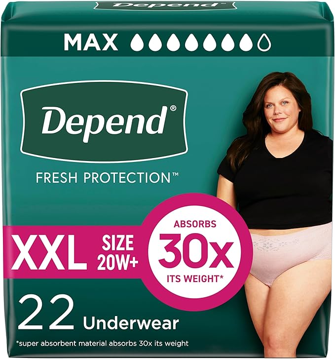 Depend Fresh Protection Adult Diapers, Incontinence & Postpartum Bladder Leak Underwear for Women, Disposable, Maximum, Extra-Extra-Large, Blush, 22 Count, Packaging May Vary