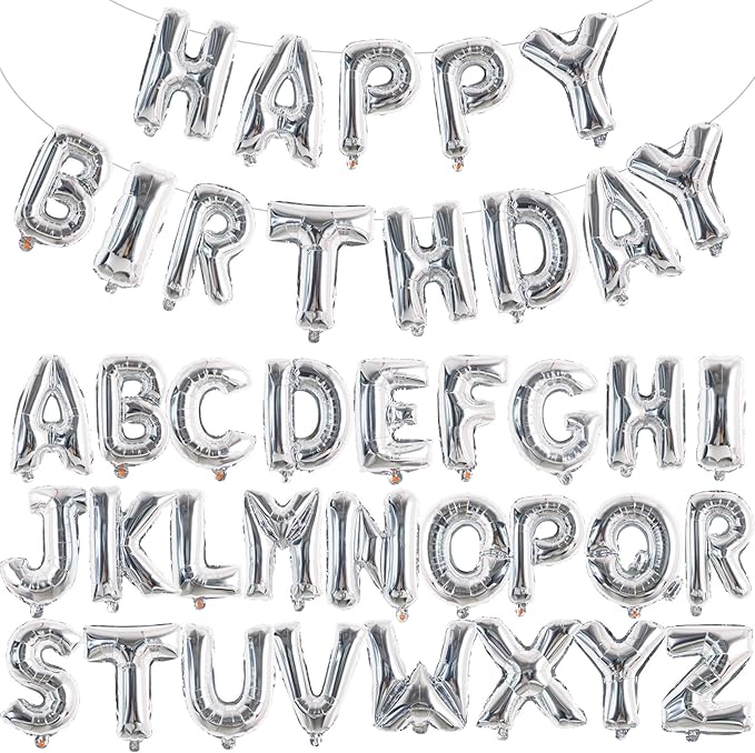 TONIFUL 65 Pcs 16 Inch Silver Happy Birthday Balloons and 2 Sets A-Z Foil Letters Balloons DIY Personalized Phrase Banner for Thanksgiving Christmas Birthday Celebration Halloween Party Decorations