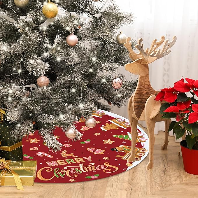 Capoda Red Christmas Tree Skirt Gingerbread Man Candy Christmas Tree Skirt 48 Inch Xmas Tree Mat Gingerbread Christmas Tree Skirts Mat for Holiday Christmas Party Decorations Indoor Outdoor
