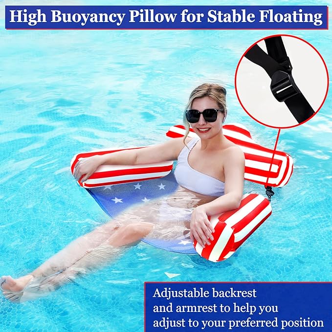2 Pack 4th of July Inflatable Pool Floats Chair, 250th Anniversary American Flag Adjustable Pool Chair Lounger for Adults Heavy Duty, Blow Up Floating Swimming Water Chairs for Party Summer Lake Fun