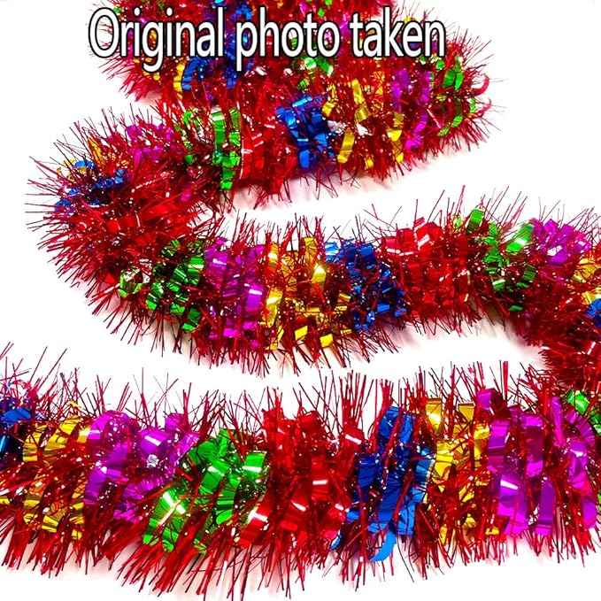33Ft Long Tinsel Twist Garland Shiny Thick Metallic Foil Xmas Tree Decorations for Birthday Party Christmas New Year Parties Parade Floats and Other Holidays Hanging Decor Supplies-(Colours+Red)
