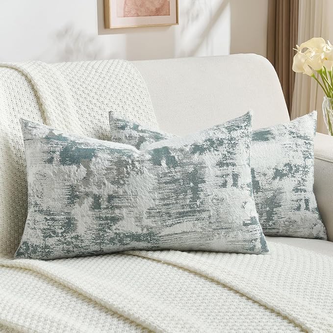 FUTEI Teal White Decorative Throw Pillow Covers 12x20 Inch Set of 2,Soft Faux Cashmere Jacquard - Textured & Cozy Pillow Case,Modern Home Decor for Couch Bed Living Room