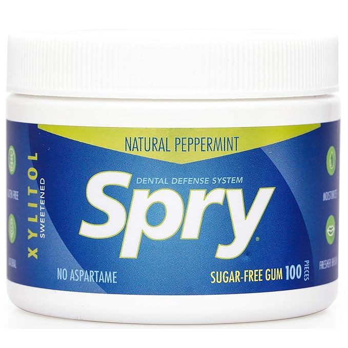 Spry Fresh Natural Xylitol Chewing Gum Dental Defense System - Aspartame-Free, Sugar-Free, Non-GMO, Gluten-Free (Peppermint, 100 Count - Pack of 2)