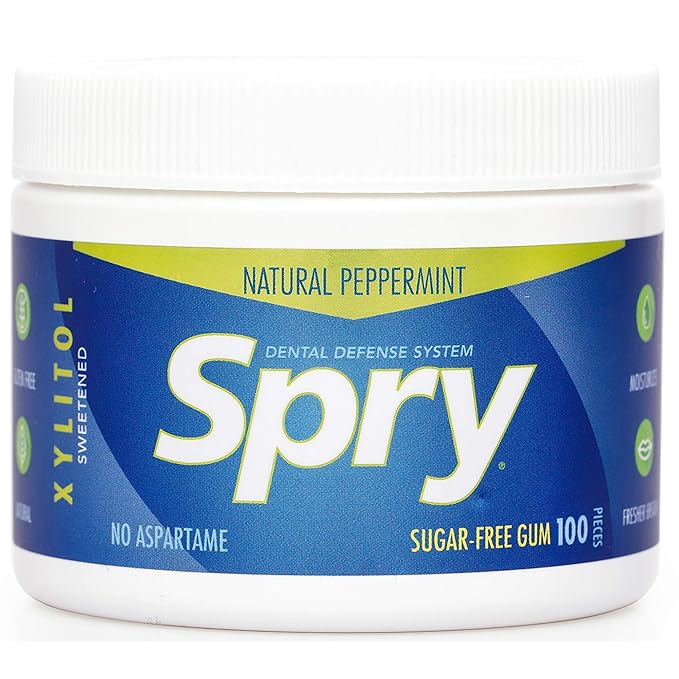 Spry Fresh Natural Xylitol Chewing Gum Dental Defense System - Aspartame-Free, Sugar-Free, Non-GMO, Gluten-Free (Peppermint, 100 Count - Pack of 1)