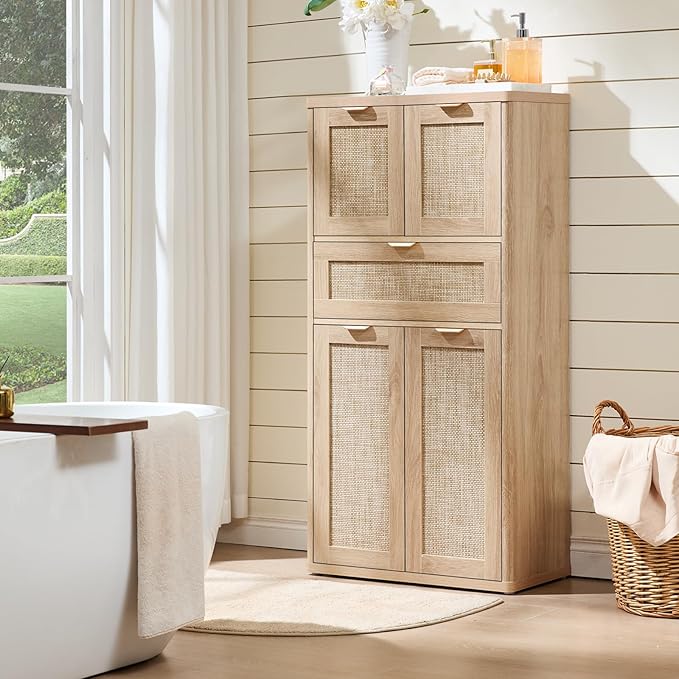 LEYAOYAO 48" Tall Storage Cabinet,Rattan Bathroom Floor Cabinets with 4 Doors & 1Drawer,Boho Kitchen Pantry with Adjustable Shelves,Wooden Cupboard for Living Room,Home Office,Dining,Natural Wood