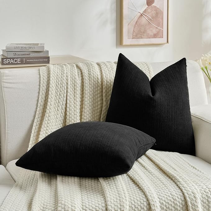 FUTEI Black Decorative Throw Pillow Covers 22x22 Inch Set of 2,Soft Cozy Wheat Ear Striped Patterns Cushion Cases,Modern Home Decor for Couch Bed Living Room
